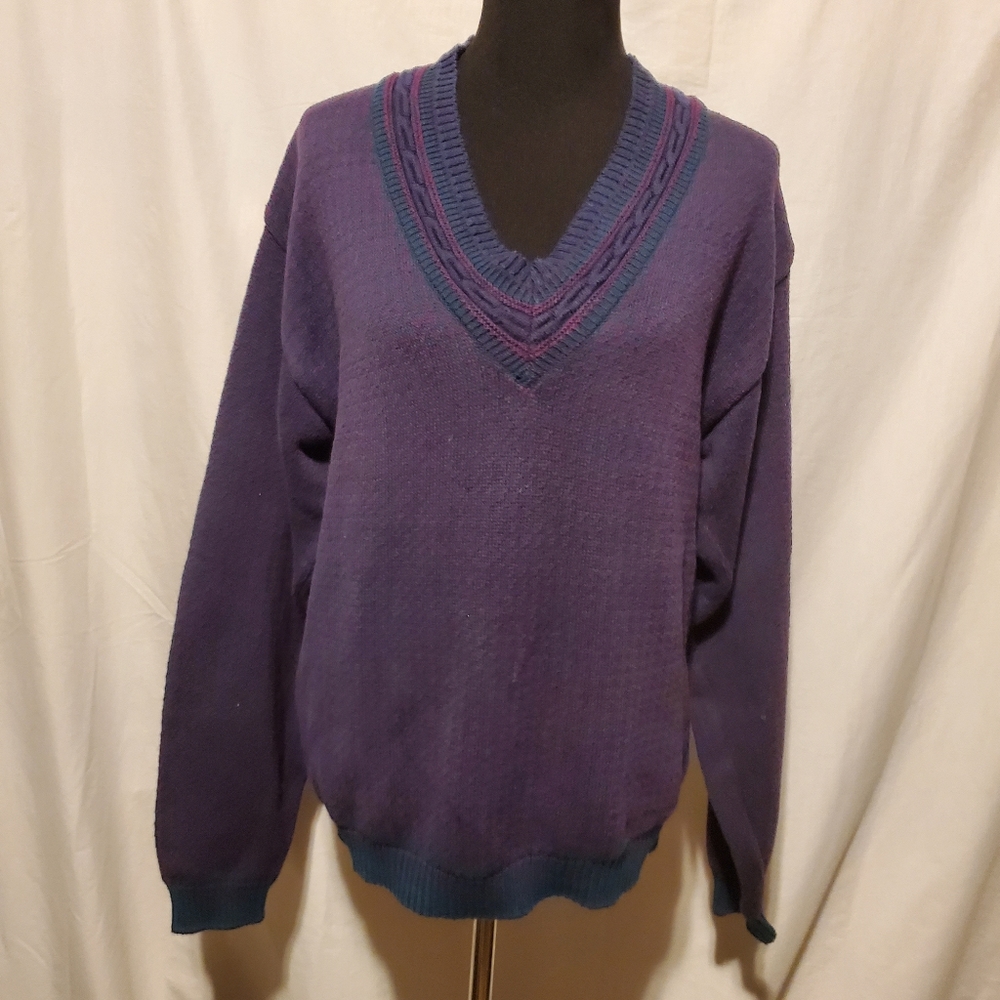 Vntg Gear for Sports Men's V neck Purple & green hounds tooth sweater